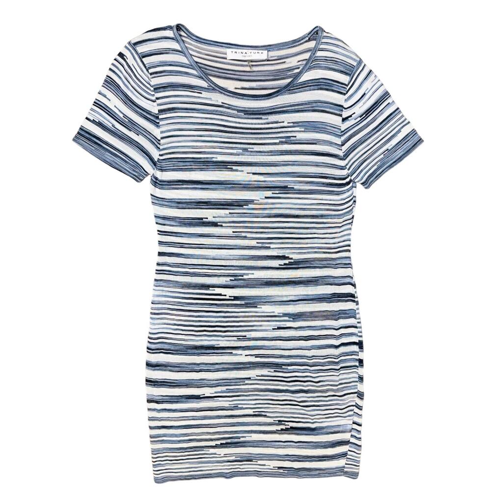 Trina Turk viscose Stripe Dress Sz Medium Blue Black‎ white